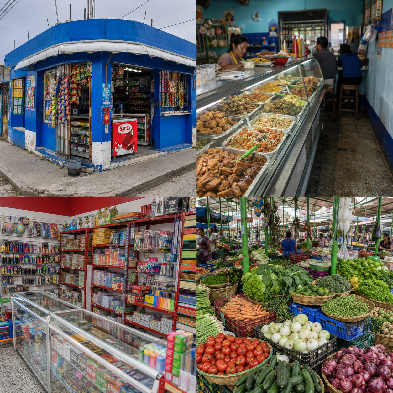 Escena ilustrativa de una tienda de barrio guatemalteca, con mostrador enrejado y productos en la entrada.